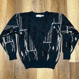 Vtg 90s Michael Gerald Abstract Sweater Mens M Blue White Geometric Grandpa Dad